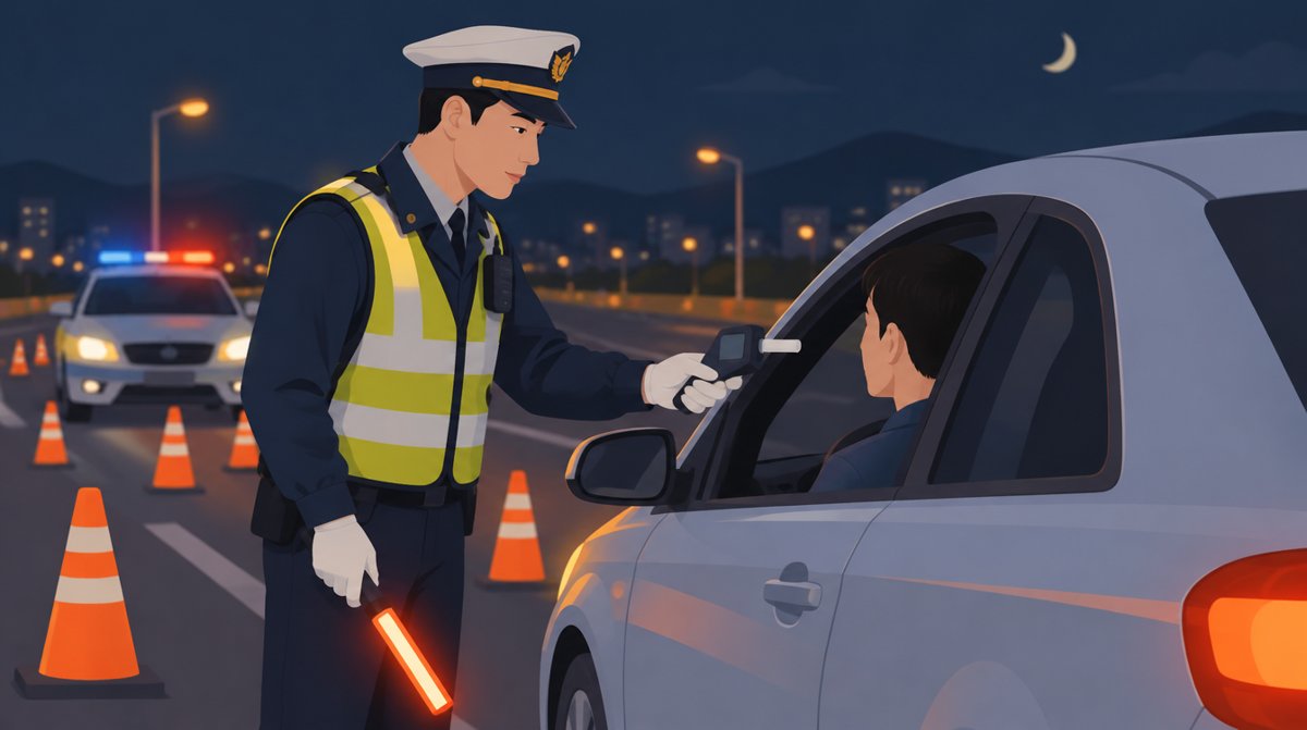 야간 음주단속 현장에서 경찰이 운전자에게 음주측정기를 대는 모습