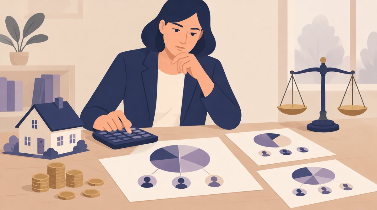 계산기와 집 모형, 동전, 저울을 놓고 상속 몫을 계산하는 모습
