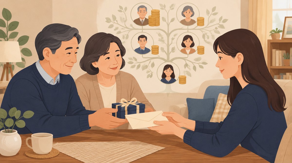 부모가 성인 자녀에게 선물 상자와 봉투를 건네는 거실 장면