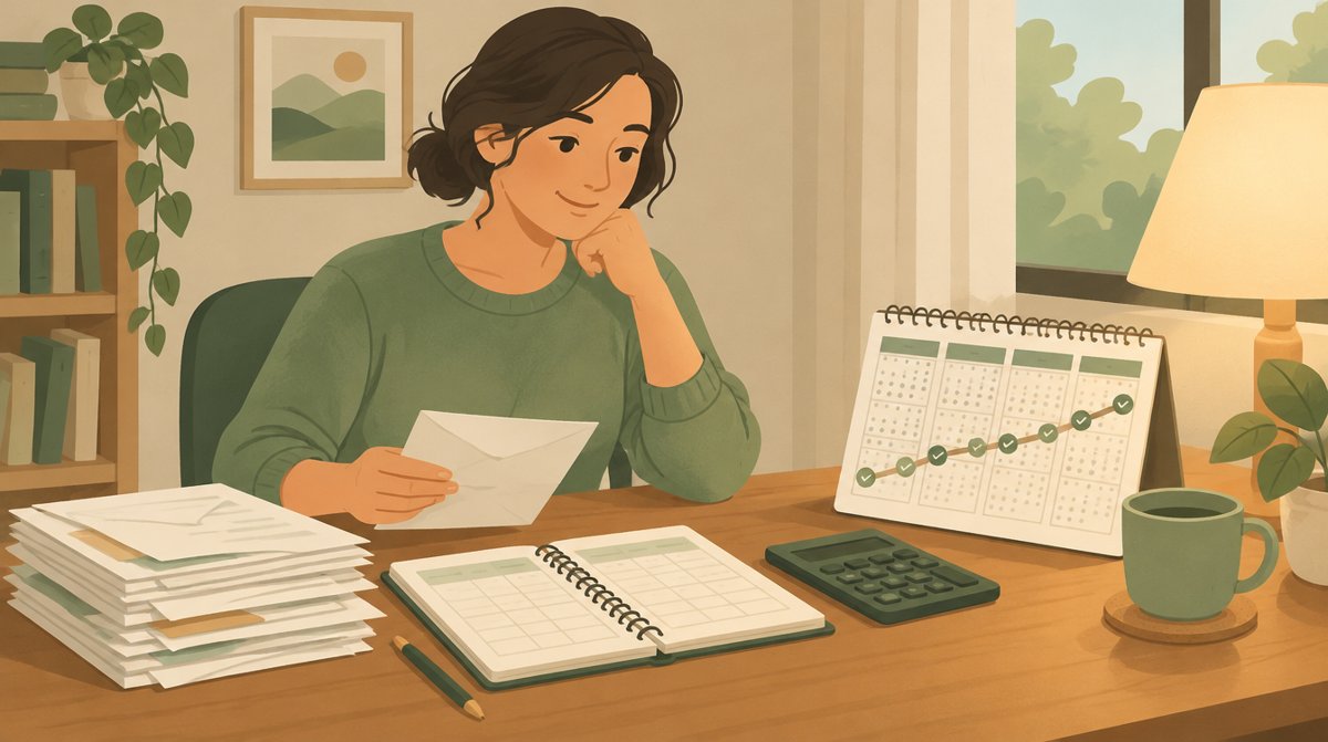 책상에서 청구서와 가계부, 계산기, 변제 일정 달력을 정리하는 모습